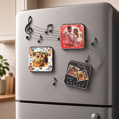Personalized Musical Fridge Magnet with Custom Photo & Favorite Song, Rechargeable Music Player Refrigerator Magnet, Unique Gift for Couples, Family & Pet Lover